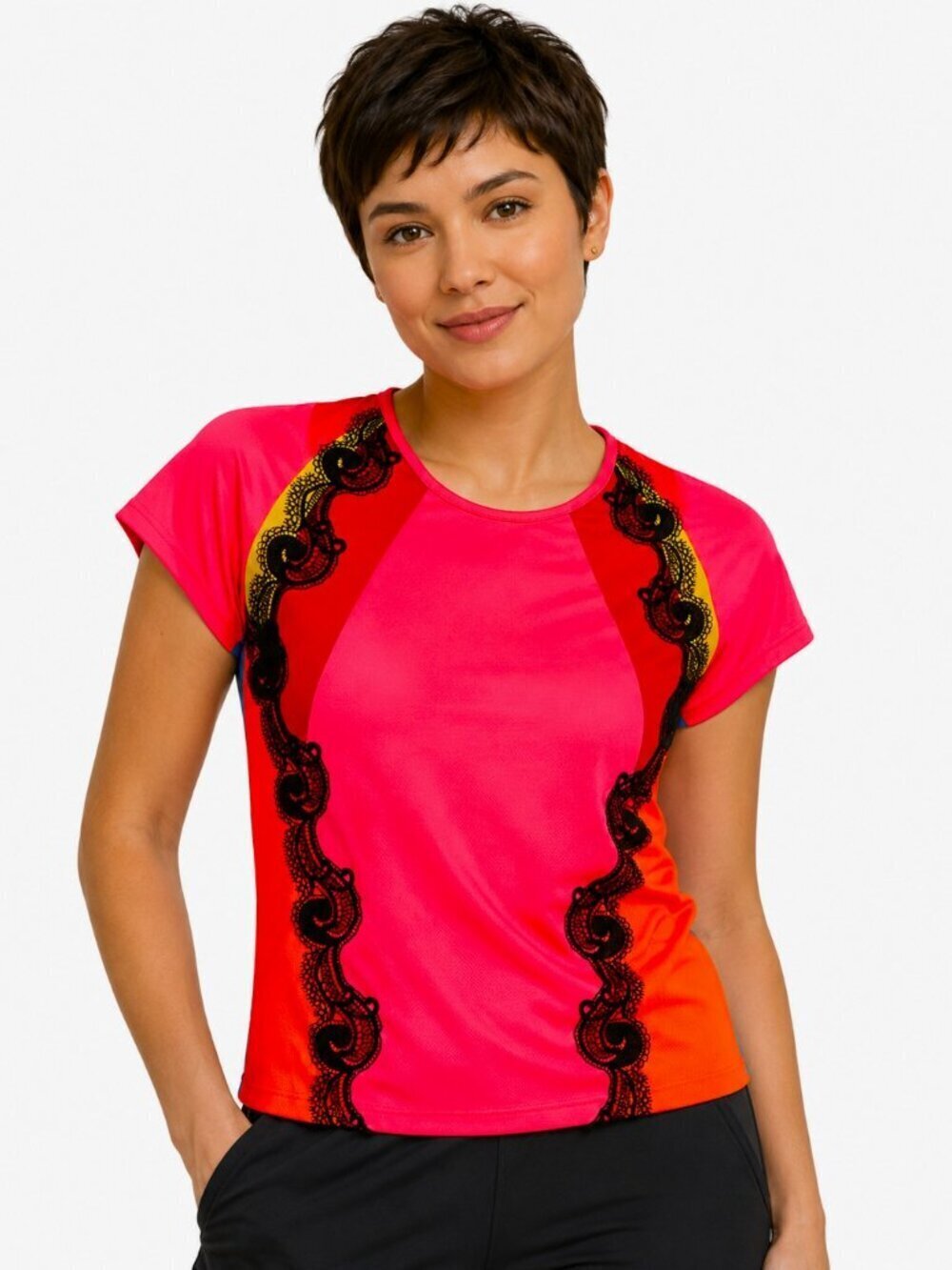 Koche Multicolor Neon Black Lace Trim Top NWOT